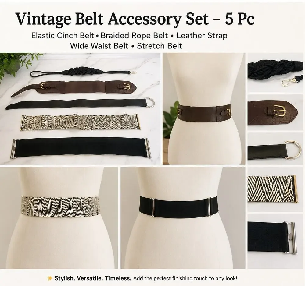 Vintage Lot of 5 Women's Fashion Belts Stretch Wide Rope Leather Mixed Styles